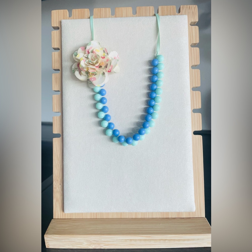 Girls Beaded Necklace with Flower, Blue/Teal, Approx 17 in